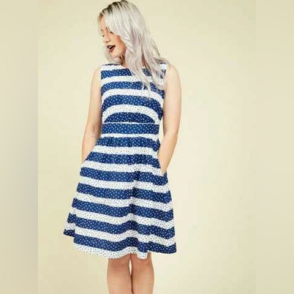 ModCloth Emily and Fin Blue and White Stripes/dotted dress/pockets